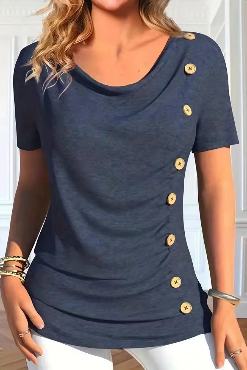 Button-Decor-Ruched-T-Shirt